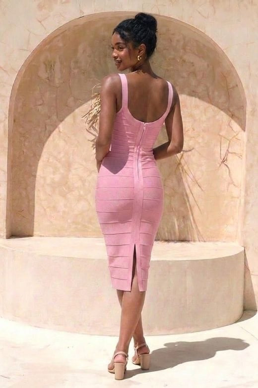 Woman wearing a figure flattering  Cindy Bandage Midi Dress - Blush Pink BODYCON COLLECTION Pty Ltd