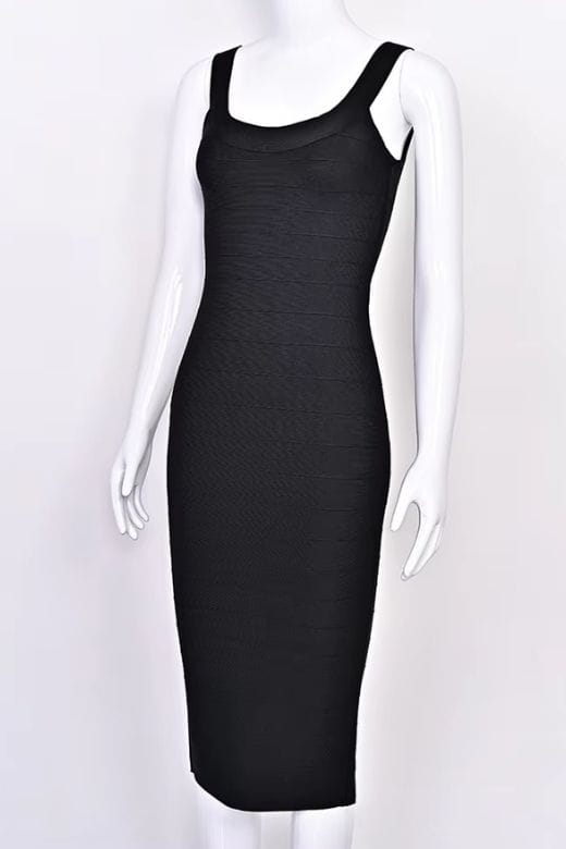 Woman wearing a figure flattering  Cindy Bandage Midi Dress - Classic Black BODYCON COLLECTION Pty Ltd