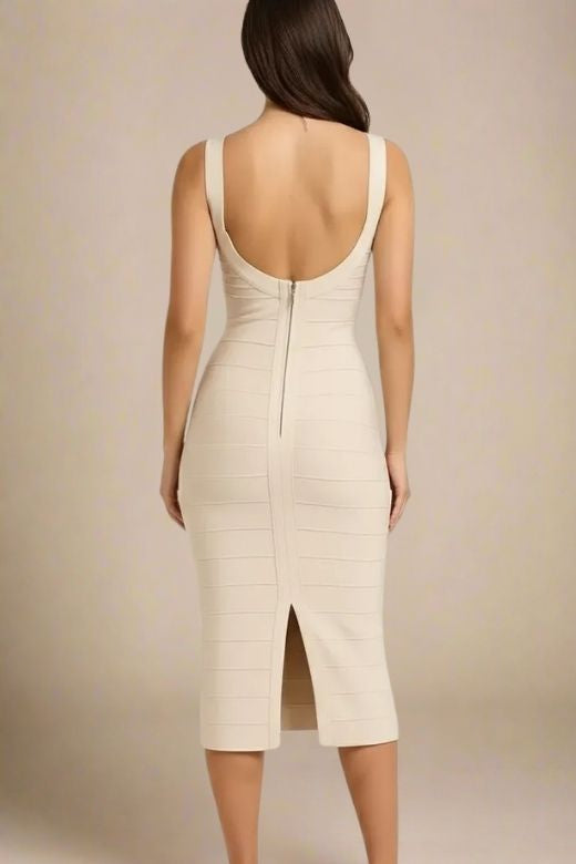 Woman wearing a figure flattering  Cindy Bandage Midi Dress - Cream BODYCON COLLECTION Pty Ltd