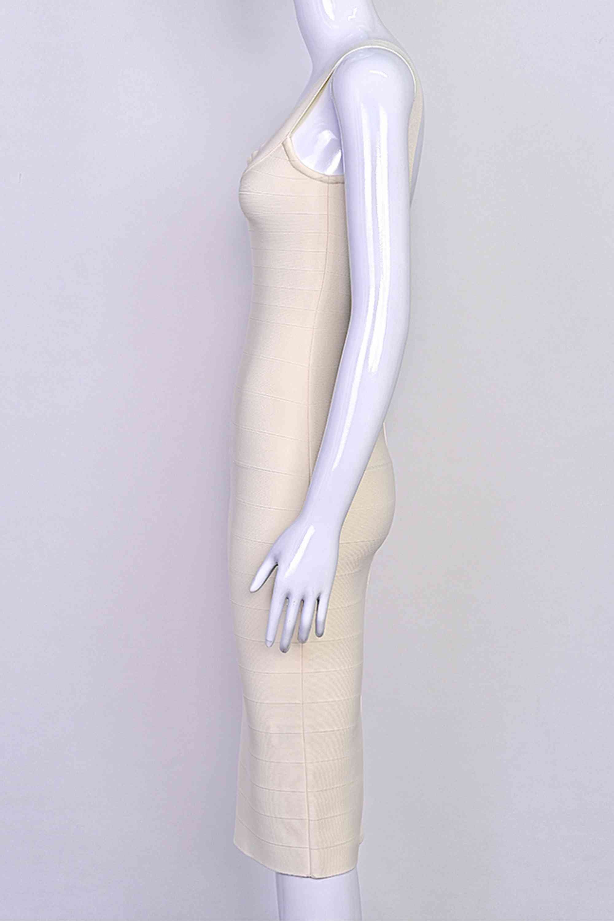 Woman wearing a figure flattering  Cindy Bandage Midi Dress - Cream BODYCON COLLECTION Pty Ltd
