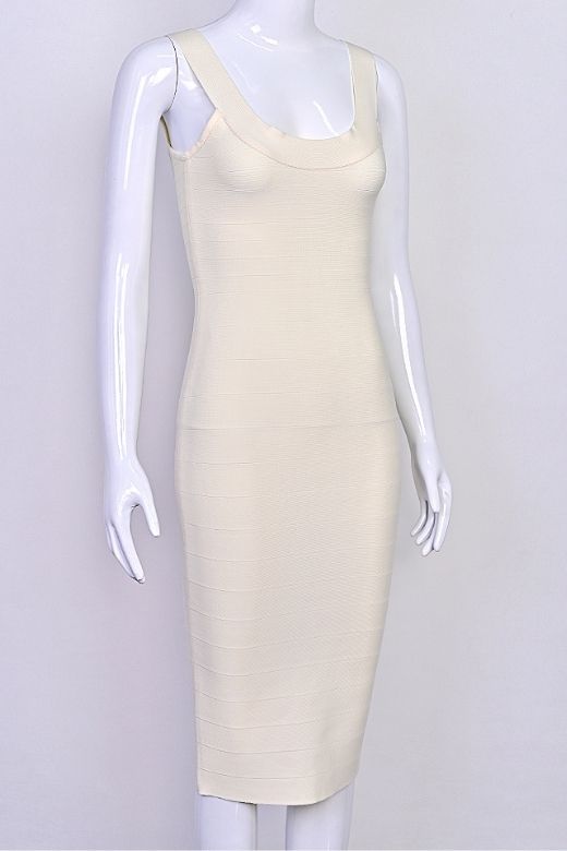 Woman wearing a figure flattering  Cindy Bandage Midi Dress - Cream BODYCON COLLECTION Pty Ltd