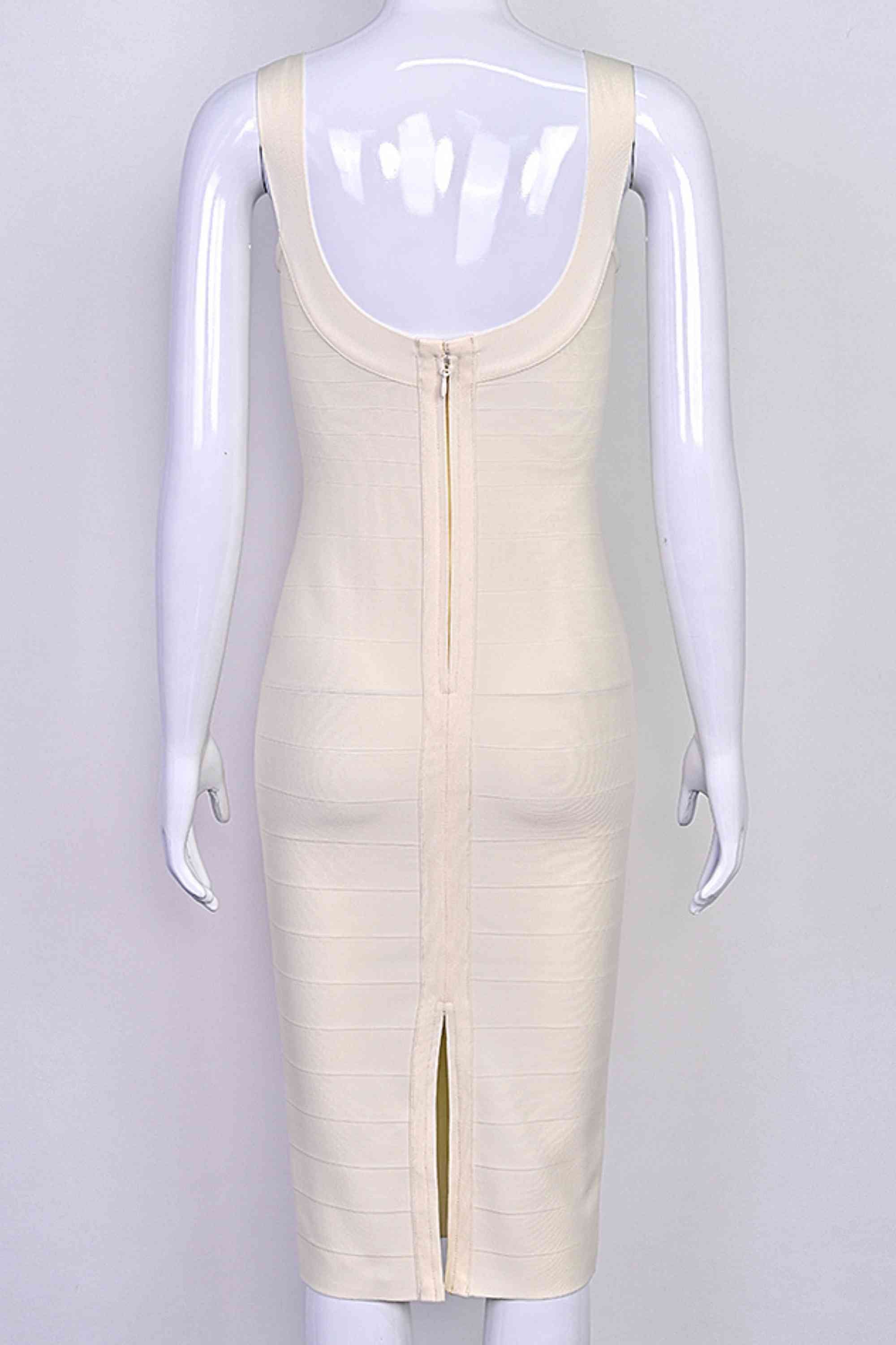 Woman wearing a figure flattering  Cindy Bandage Midi Dress - Cream BODYCON COLLECTION Pty Ltd