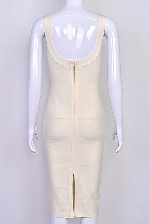 Woman wearing a figure flattering  Cindy Bandage Midi Dress - Cream BODYCON COLLECTION Pty Ltd