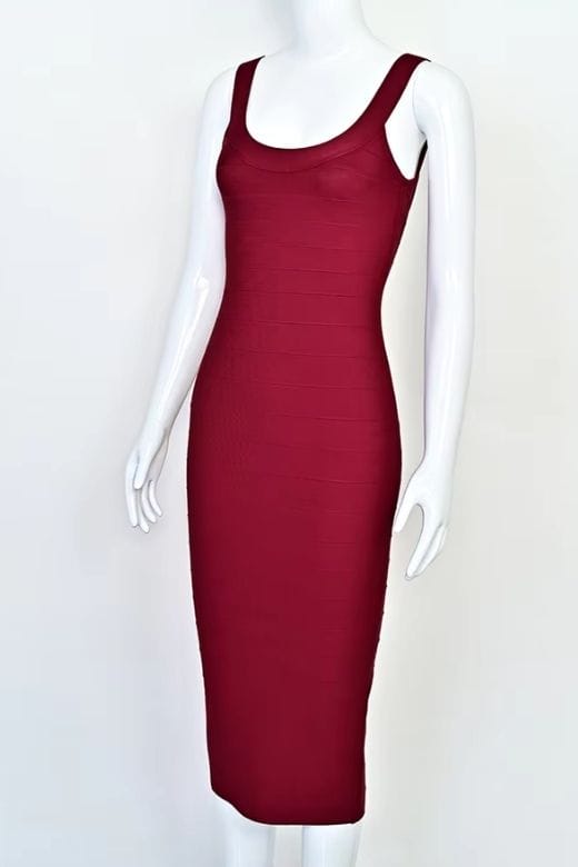 Woman wearing a figure flattering  Cindy Bandage Midi Dress - Red Wine BODYCON COLLECTION Pty Ltd