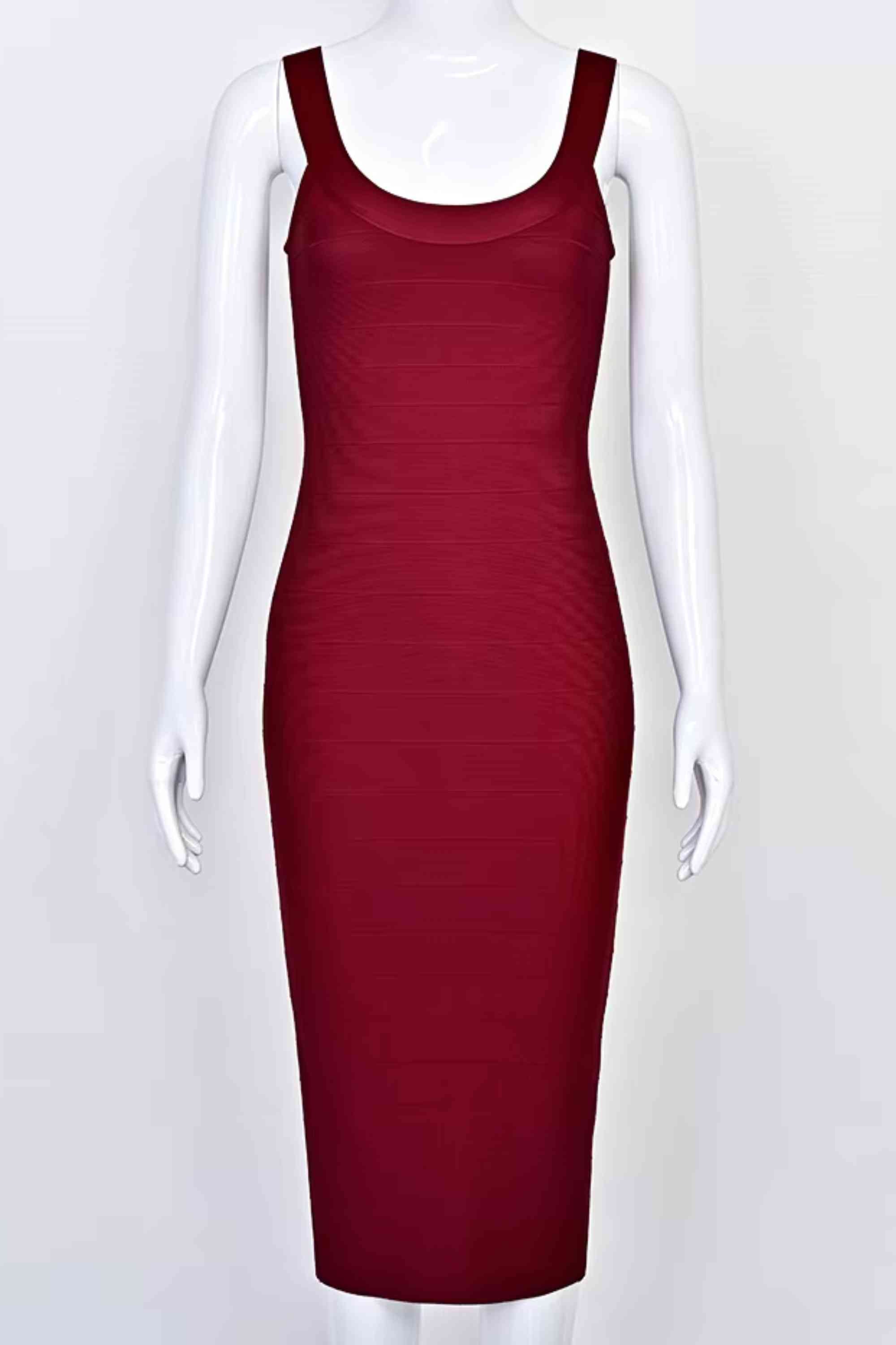 Woman wearing a figure flattering  Cindy Bandage Midi Dress - Red Wine BODYCON COLLECTION Pty Ltd