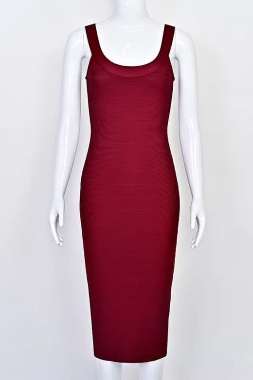 Woman wearing a figure flattering  Cindy Bandage Midi Dress - Red Wine BODYCON COLLECTION Pty Ltd