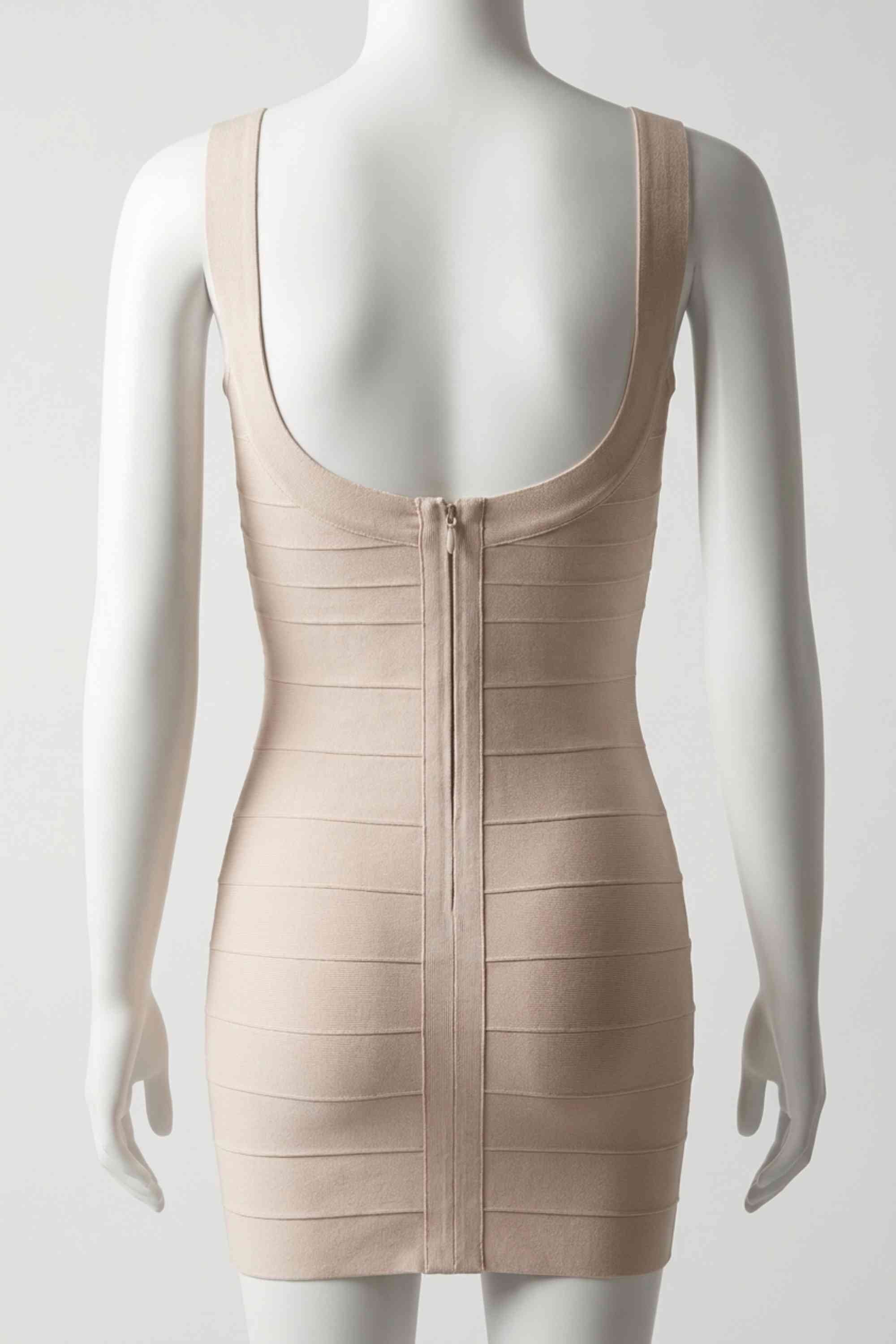 Woman wearing a figure flattering  Cindy Bandage Mini Dress - Beige BODYCON COLLECTION Pty Ltd