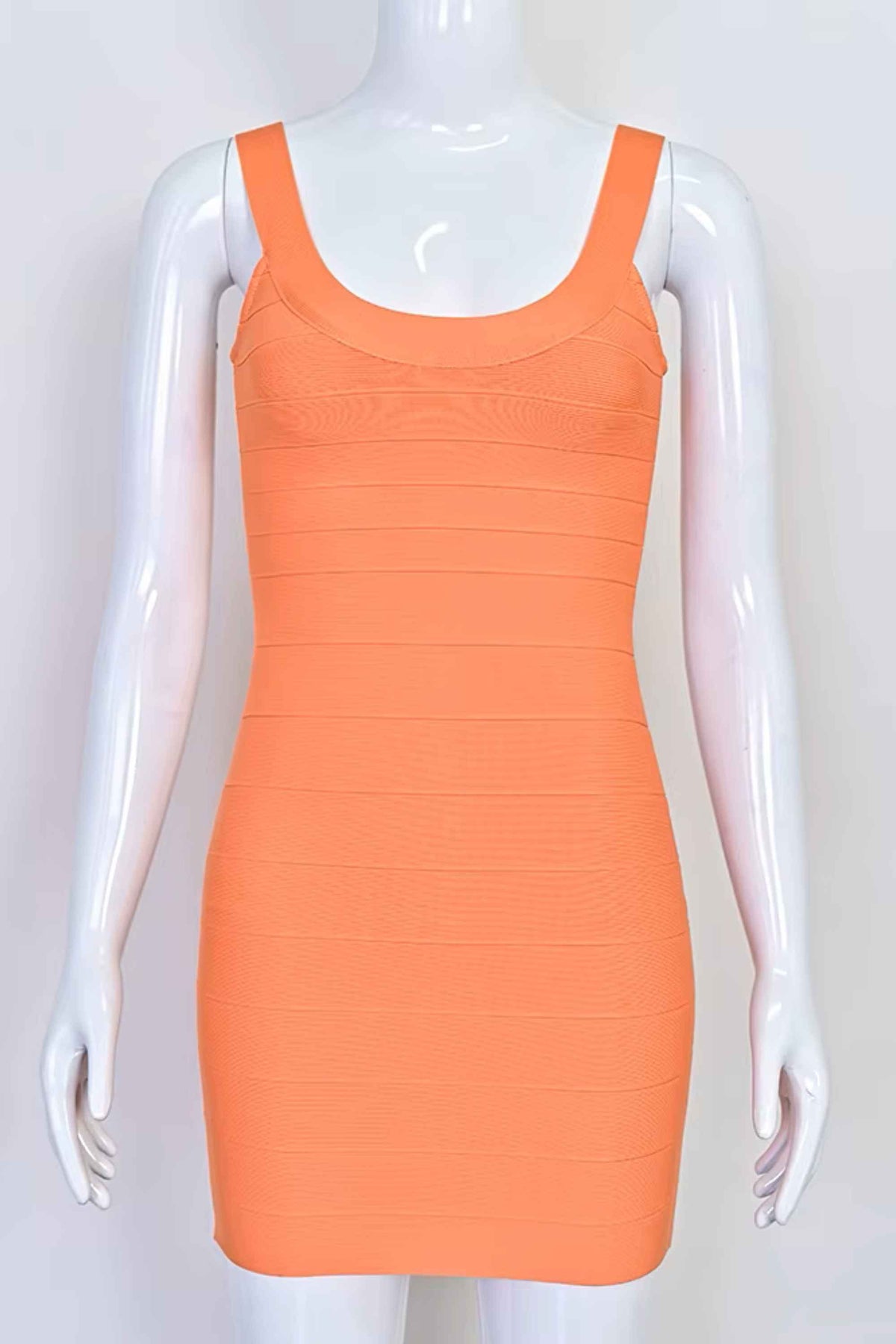 Woman wearing a figure flattering  Cindy Bandage Mini Dress - Coral BODYCON COLLECTION Pty Ltd
