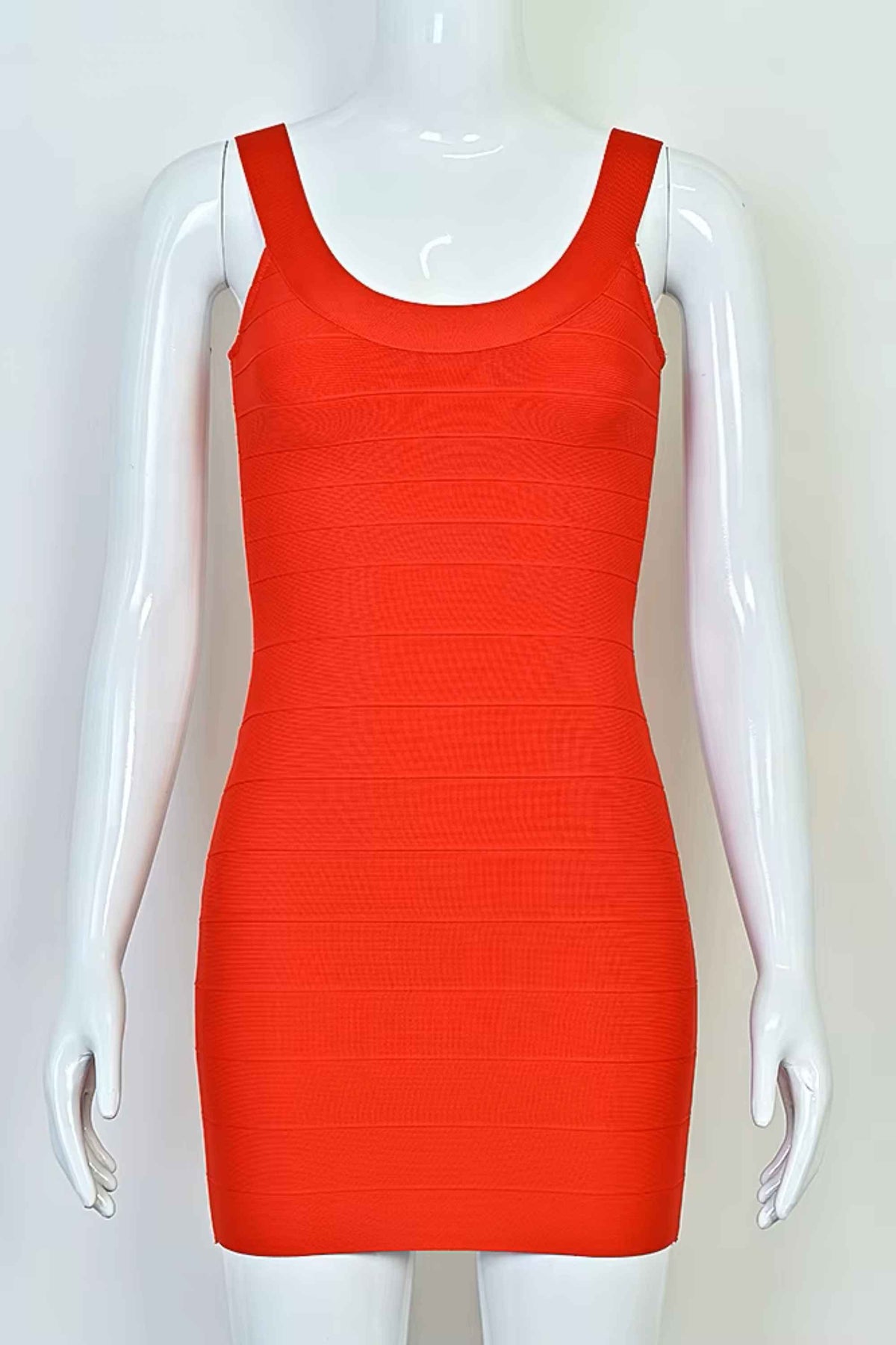 Woman wearing a figure flattering  Cindy Bandage Mini Dress - Lipstick Red BODYCON COLLECTION Pty Ltd