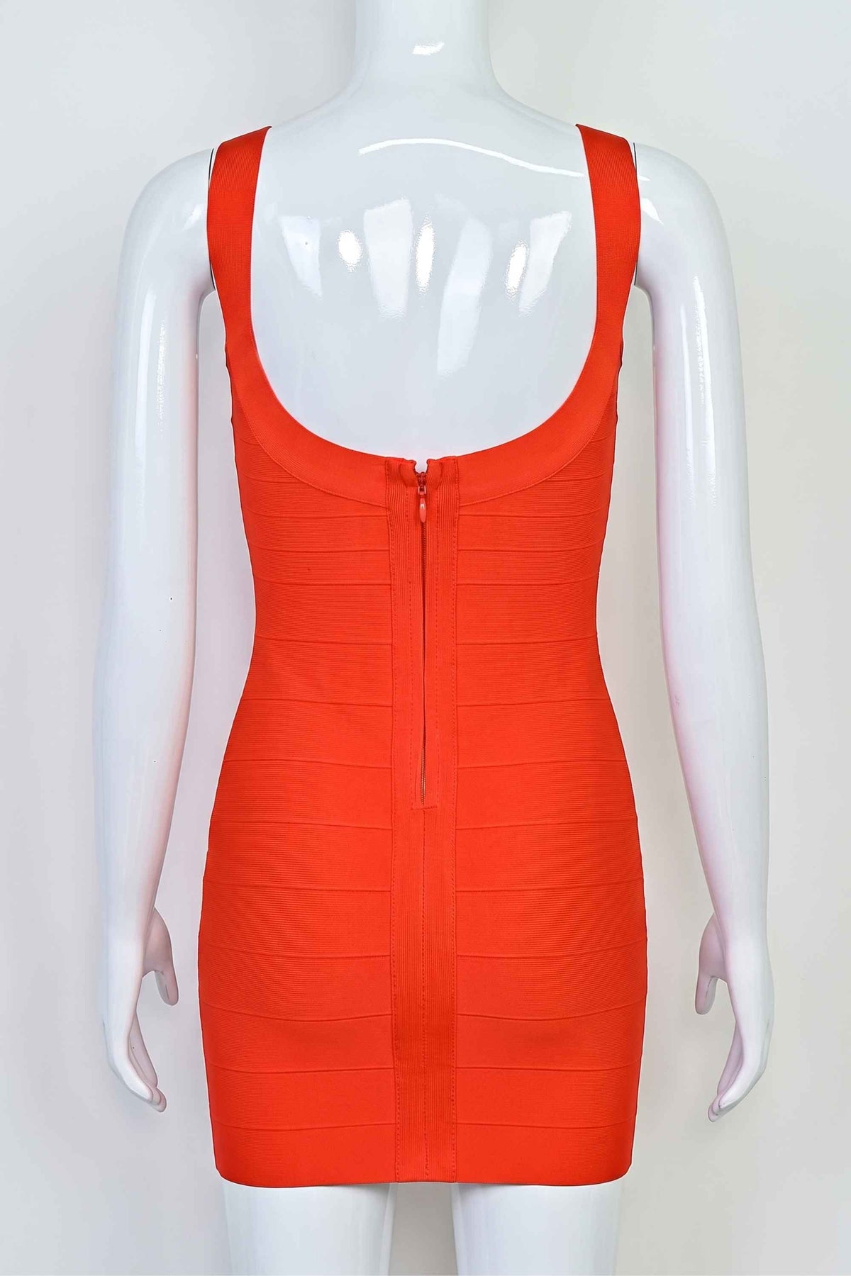 Woman wearing a figure flattering  Cindy Bandage Mini Dress - Lipstick Red BODYCON COLLECTION Pty Ltd