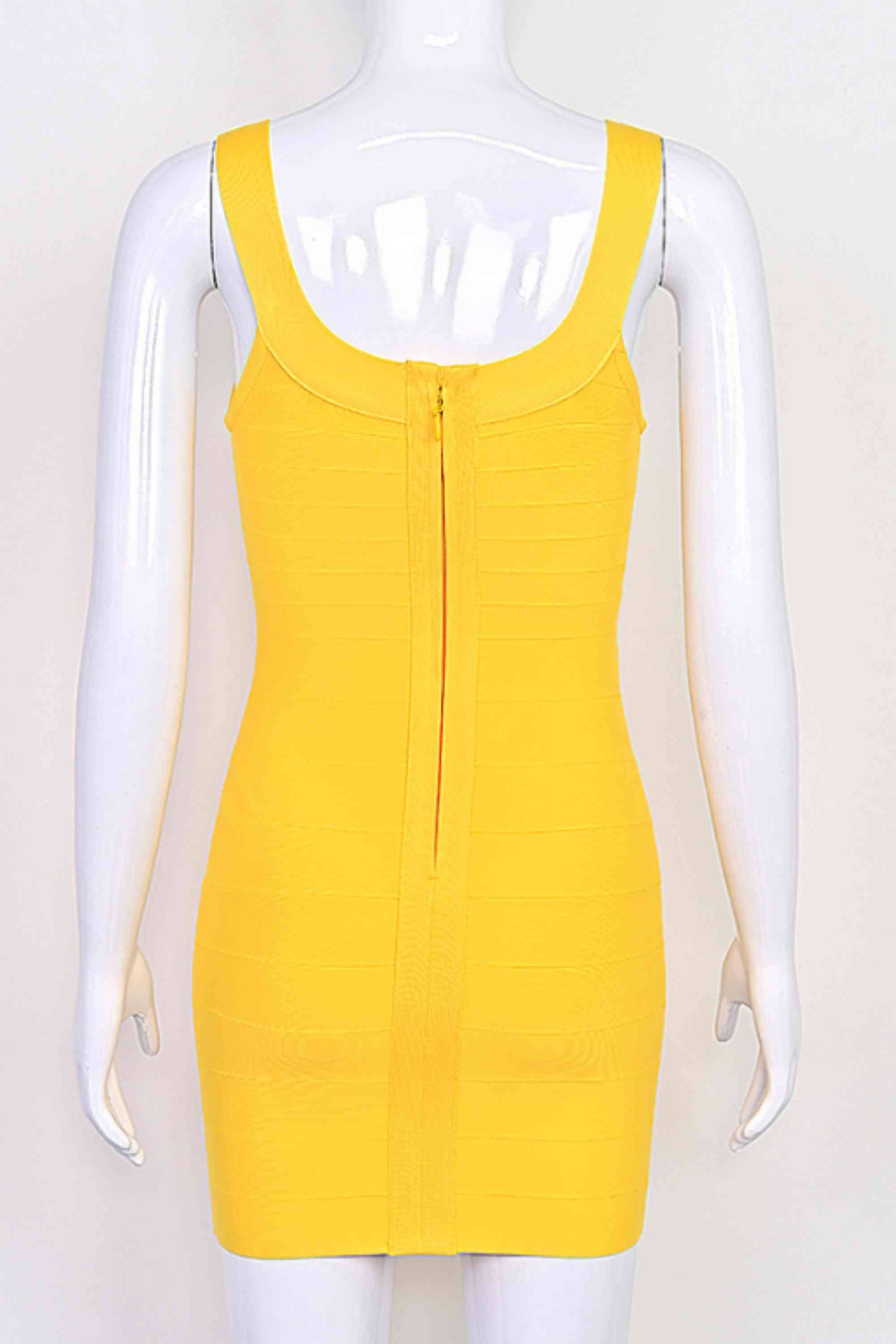 Woman wearing a figure flattering  Cindy Bandage Mini Dress - Mustard Yellow BODYCON COLLECTION Pty Ltd