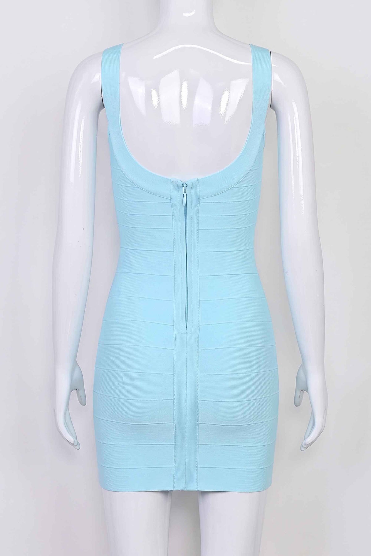 Woman wearing a figure flattering  Cindy Bandage Mini Dress - Sky Blue BODYCON COLLECTION Pty Ltd