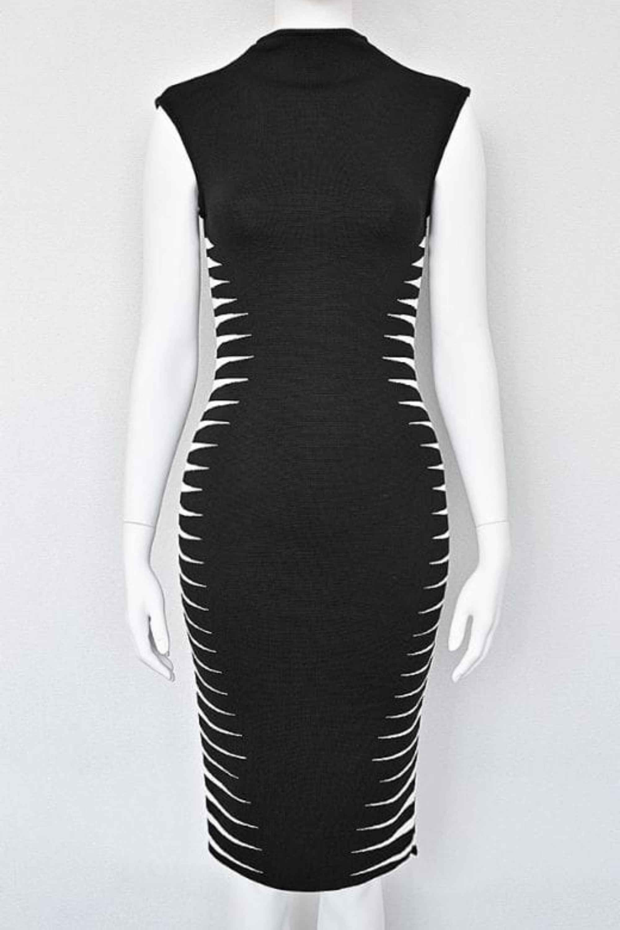 Woman wearing a figure flattering  Cleo Bandage Midi Dress - Classic Black BODYCON COLLECTION Pty Ltd