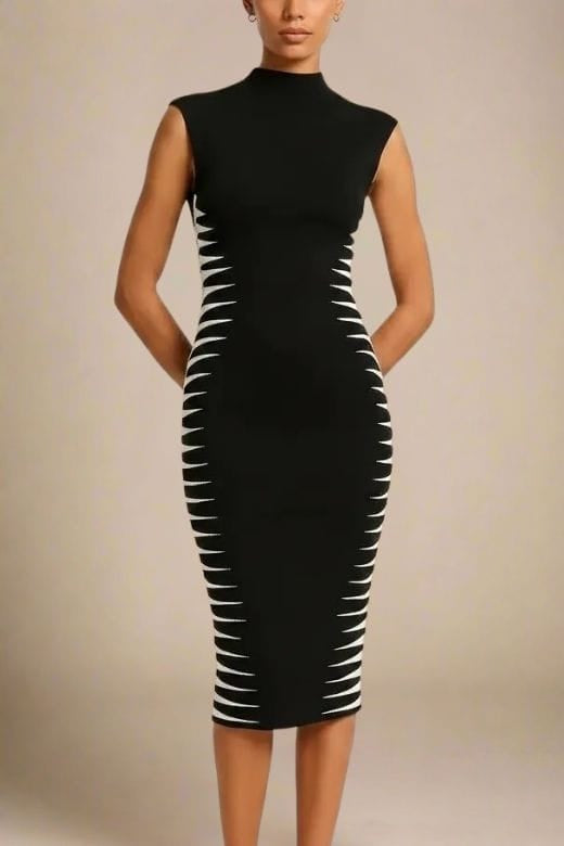 Woman wearing a figure flattering  Cleo Bandage Midi Dress - Classic Black BODYCON COLLECTION Pty Ltd