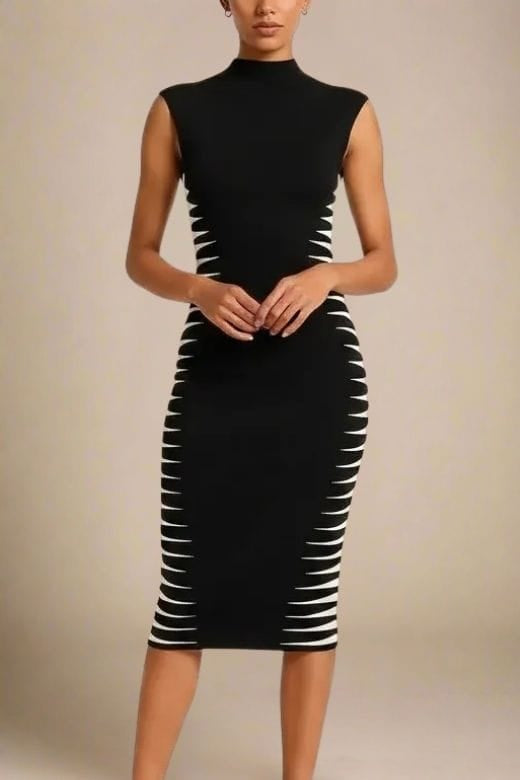 Woman wearing a figure flattering  Cleo Bandage Midi Dress - Classic Black BODYCON COLLECTION Pty Ltd