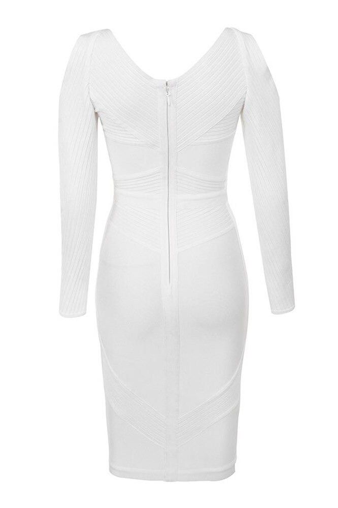 Woman wearing a figure flattering  Coco Long Sleeve Bandage Dress - Pearl White BODYCON COLLECTION