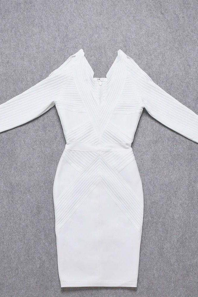 Woman wearing a figure flattering  Coco Long Sleeve Bandage Dress - Pearl White BODYCON COLLECTION