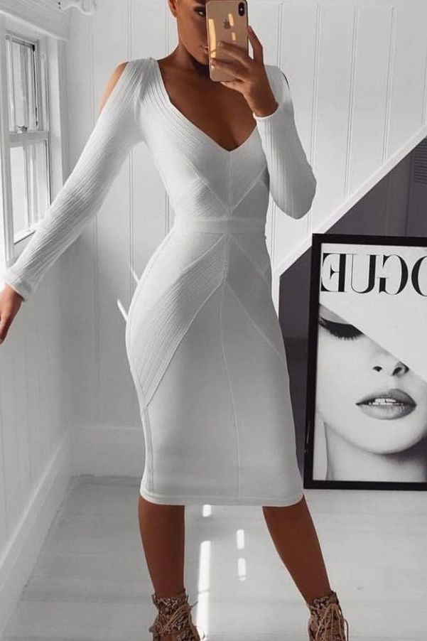 Woman wearing a figure flattering  Coco Long Sleeve Bandage Dress - Pearl White BODYCON COLLECTION