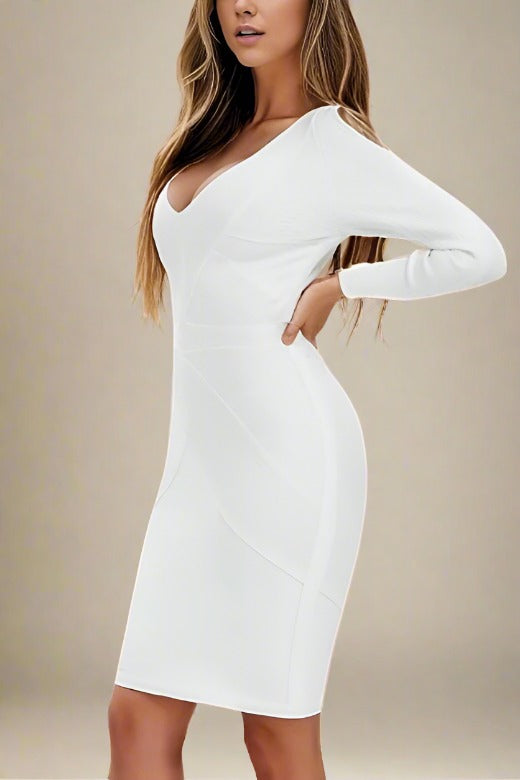 Woman wearing a figure flattering  Coco Long Sleeve Bandage Dress - Pearl White BODYCON COLLECTION