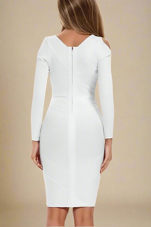 Woman wearing a figure flattering  Coco Long Sleeve Bandage Dress - Pearl White BODYCON COLLECTION