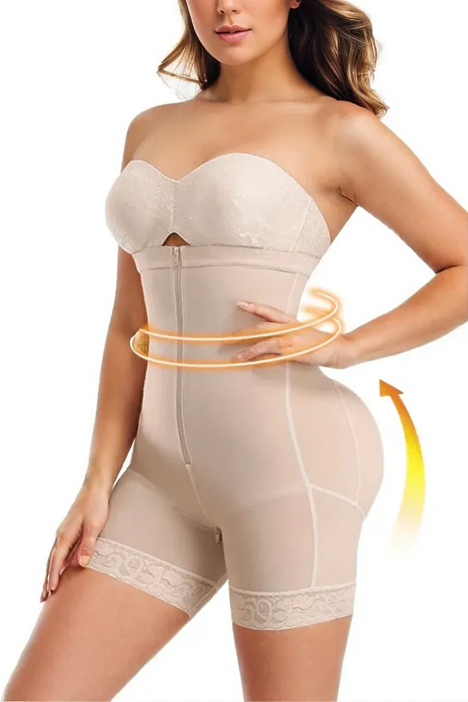 Woman wearing a figure flattering  Corset Shorts With Straps Shapewear - Mid Thigh Bodycon Collection