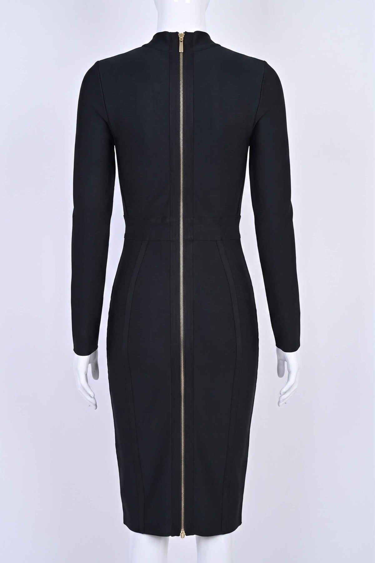 Woman wearing a figure flattering  Dee Long Sleeve Bandage Dress - Classic Black BODYCON COLLECTION