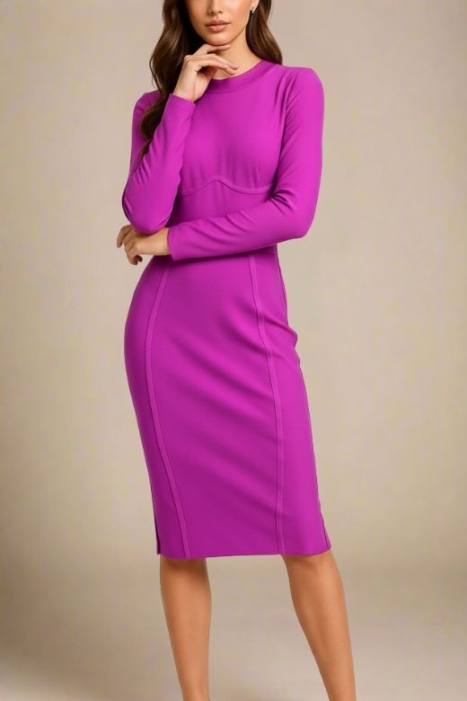 Woman wearing a figure flattering  Dee Long Sleeve Bandage Dress - Neon Purple BODYCON COLLECTION