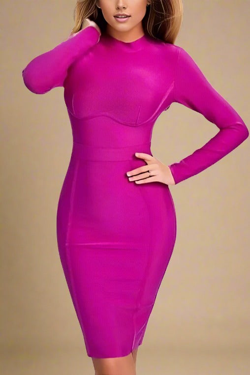 Woman wearing a figure flattering  Dee Long Sleeve Bandage Dress - Neon Purple BODYCON COLLECTION