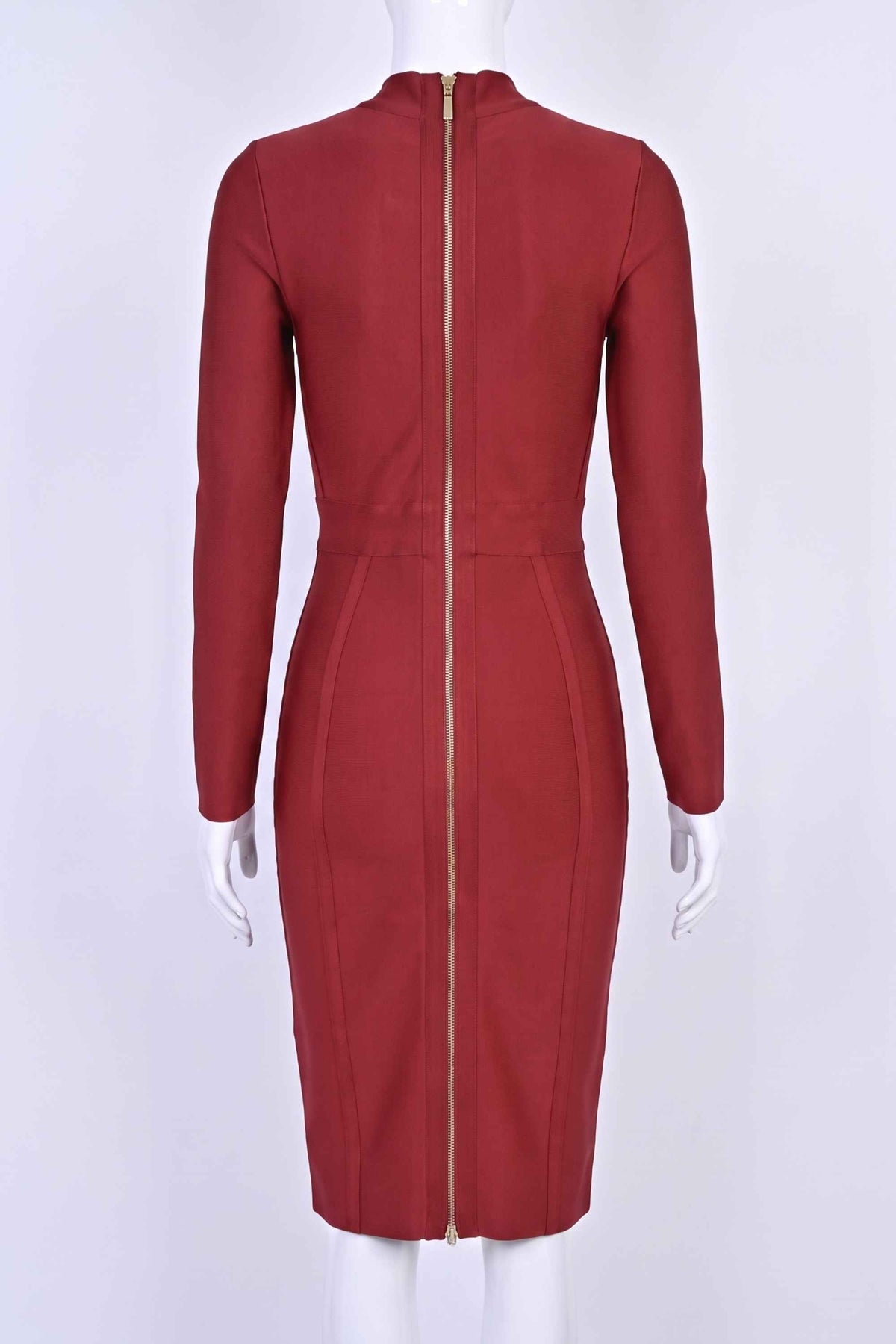 Woman wearing a figure flattering  Dee Long Sleeve Bandage Dress - Red Wine BODYCON COLLECTION