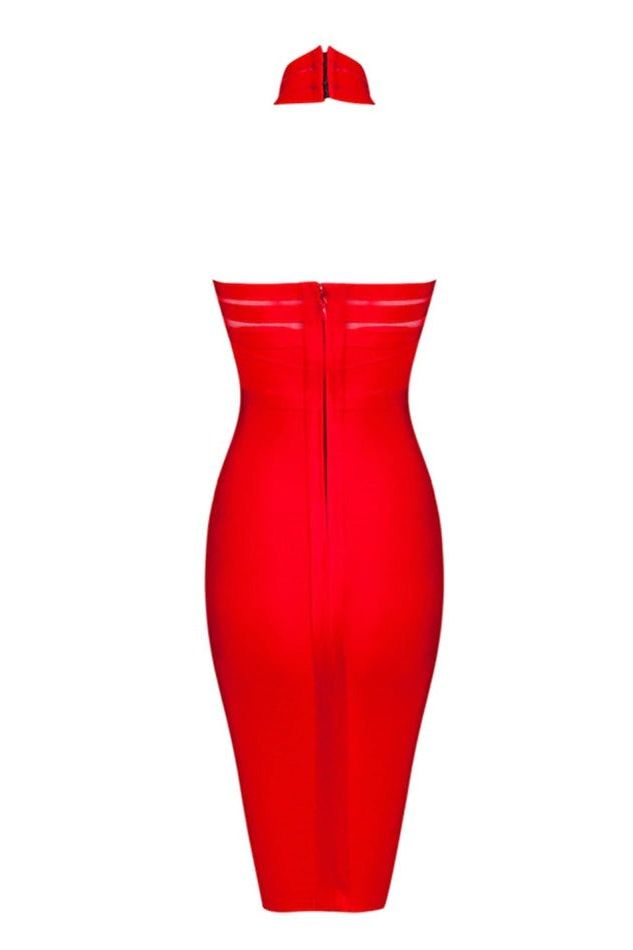 Woman wearing a figure flattering  Eden Bandage Dress - Lipstick Red BODYCON COLLECTION