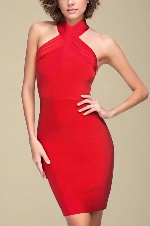 Woman wearing a figure flattering  Eden Bandage Dress - Lipstick Red BODYCON COLLECTION