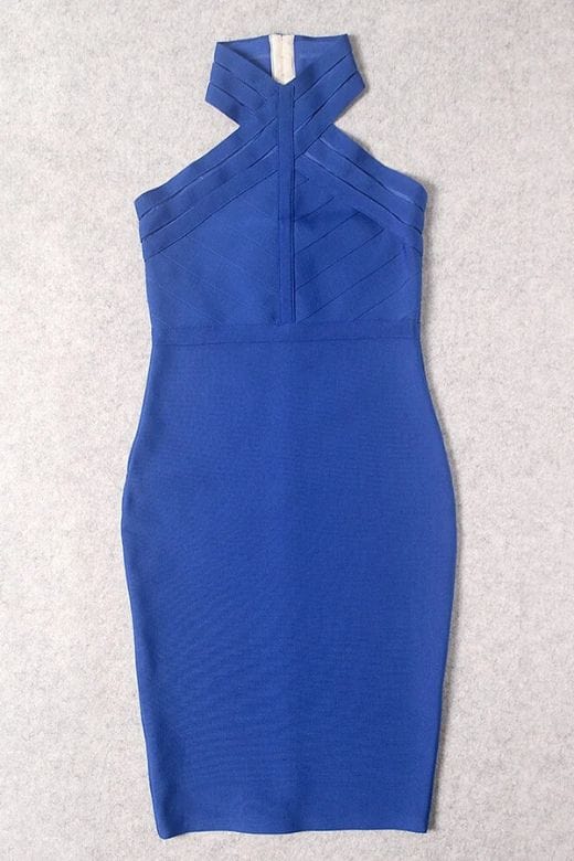 Woman wearing a figure flattering  Eden Bandage Dress - Royal Blue BODYCON COLLECTION