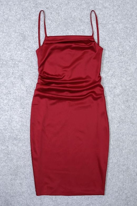 Woman wearing a figure flattering  Eleanora Bodycon Satin Dress - Red Wine BODYCON COLLECTION