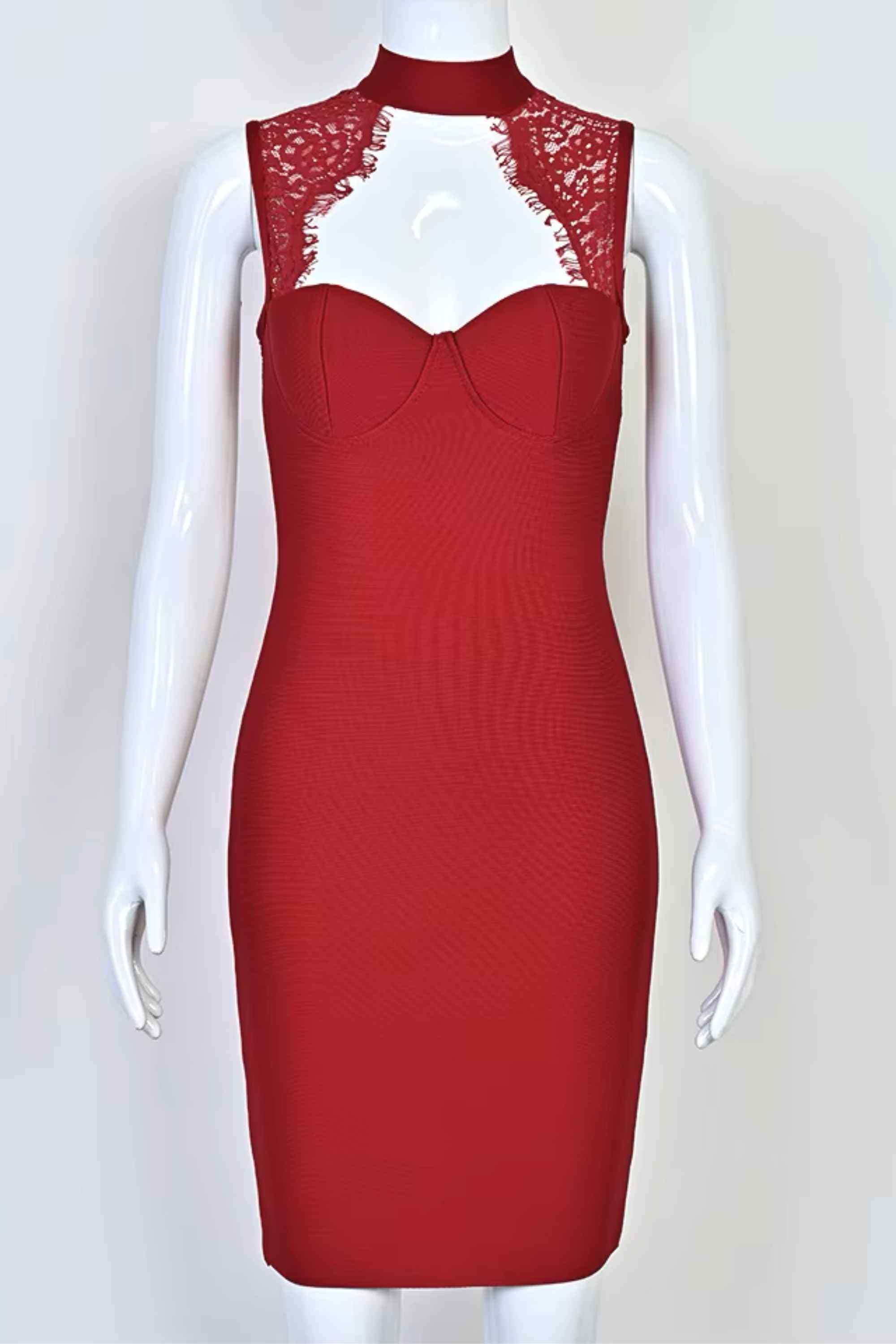 Woman wearing a figure flattering  Elia Bandage Dress - Red Wine BODYCON COLLECTION Pty Ltd
