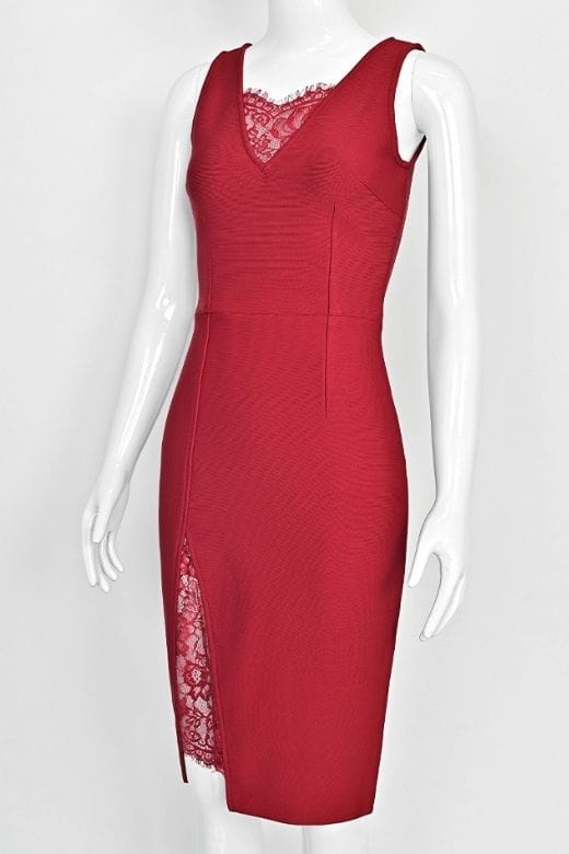 Woman wearing a figure flattering  Elsa Bodycon Dress - Red Wine BODYCON COLLECTION Pty Ltd
