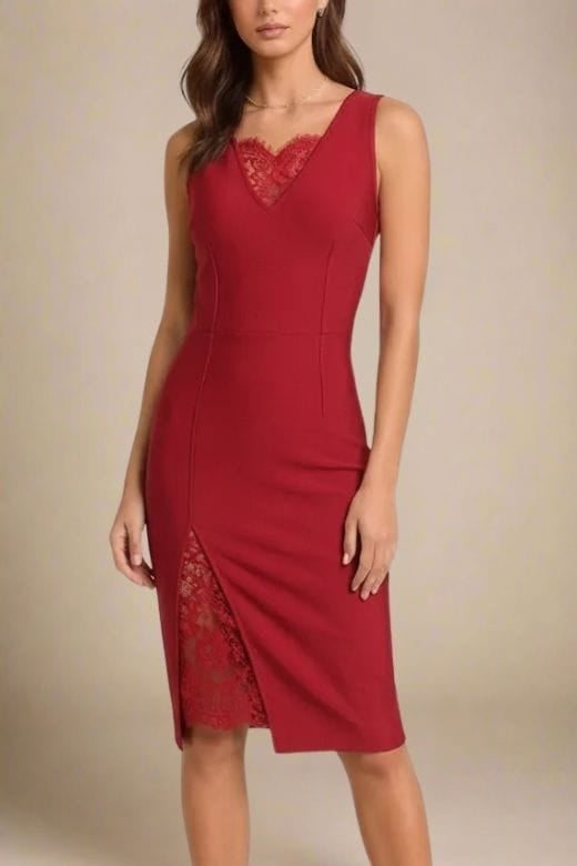 Woman wearing a figure flattering  Elsa Bodycon Dress - Red Wine BODYCON COLLECTION Pty Ltd