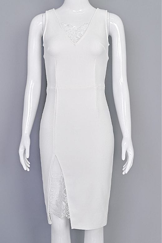 Woman wearing a figure flattering  Elsa Bodycon Dress - White Pearl BODYCON COLLECTION Pty Ltd