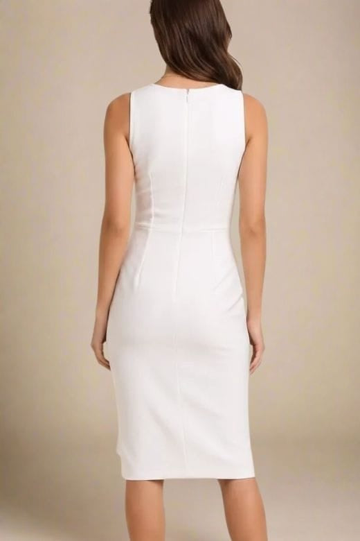 Woman wearing a figure flattering  Elsa Bodycon Dress - White Pearl BODYCON COLLECTION Pty Ltd