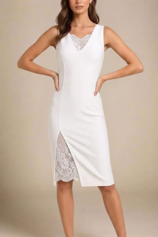 Woman wearing a figure flattering  Elsa Bodycon Dress - White Pearl BODYCON COLLECTION Pty Ltd