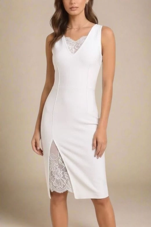 Woman wearing a figure flattering  Elsa Bodycon Dress - White Pearl BODYCON COLLECTION Pty Ltd
