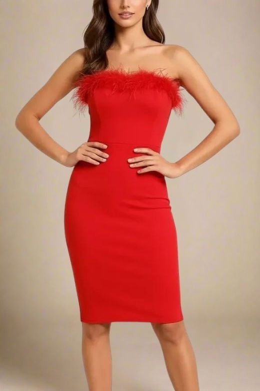 Woman wearing a figure flattering  Erin Bandage Dress - Lipstick Red BODYCON COLLECTION