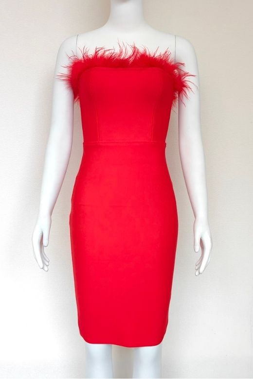 Woman wearing a figure flattering  Erin Bandage Dress - Lipstick Red BODYCON COLLECTION