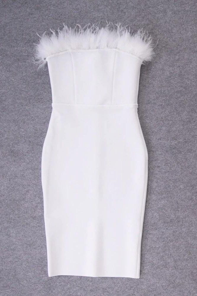 Woman wearing a figure flattering  Erin Bandage Dress - Pearl White BODYCON COLLECTION