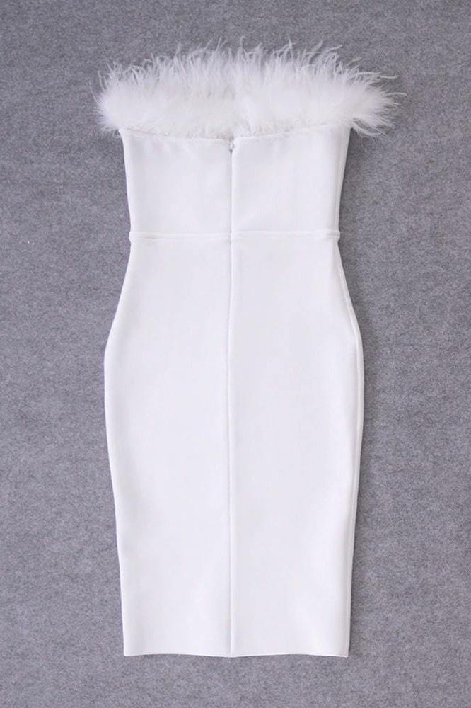 Woman wearing a figure flattering  Erin Bandage Dress - Pearl White BODYCON COLLECTION