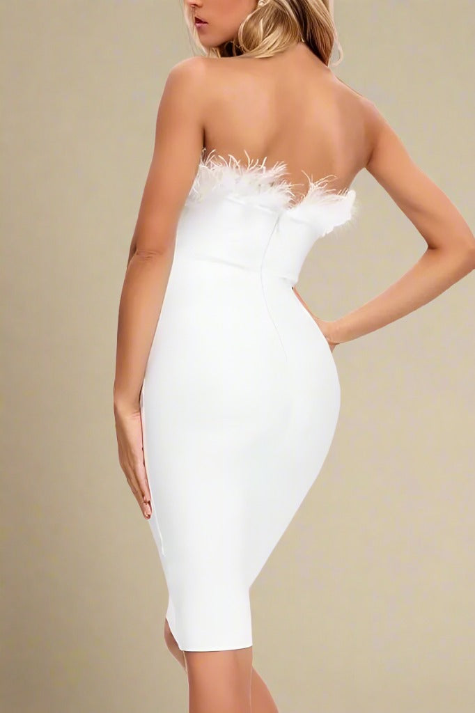 Woman wearing a figure flattering  Erin Bandage Dress - Pearl White BODYCON COLLECTION