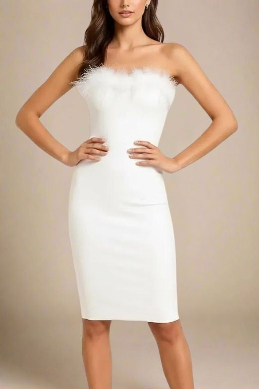 Woman wearing a figure flattering  Erin Bandage Dress - White Pearl BODYCON COLLECTION