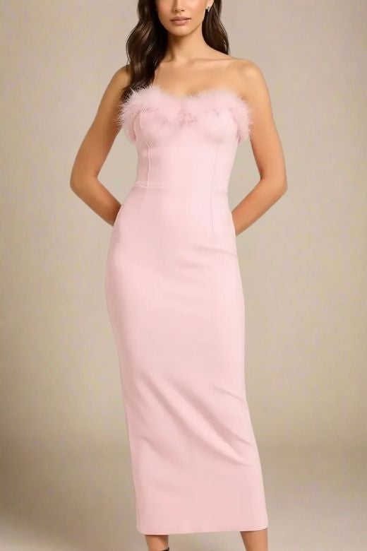 Woman wearing a figure flattering  Erin Bandage Maxi Dress - Dusty Pink BODYCON COLLECTION