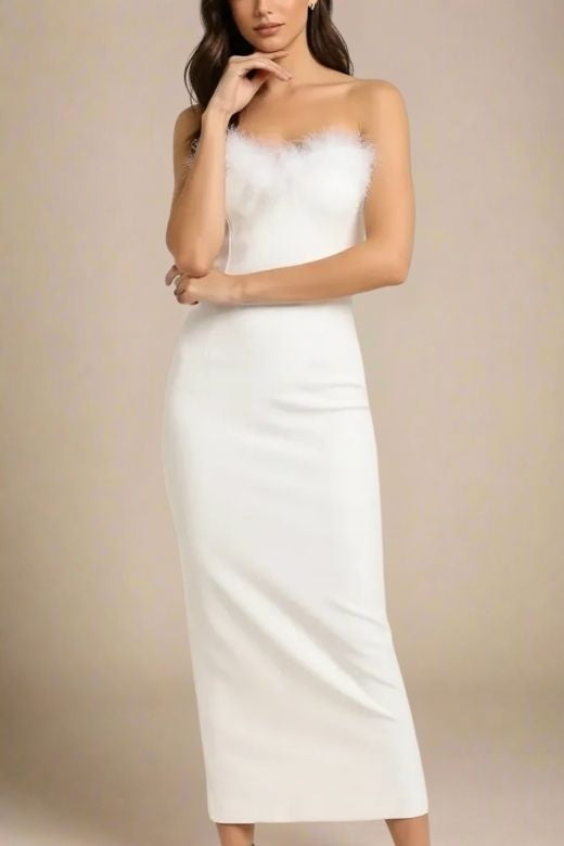 Woman wearing a figure flattering  Erin Bandage Maxi Dress - White Pearl BODYCON COLLECTION