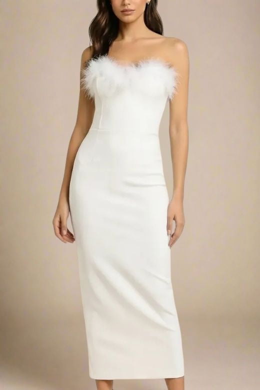 Woman wearing a figure flattering  Erin Bandage Maxi Dress - White Pearl BODYCON COLLECTION