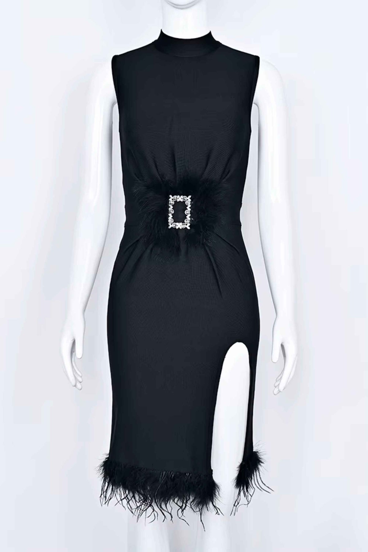 Woman wearing a figure flattering  Erin High Neck Bandage Dress -  Classic Black BODYCON COLLECTION